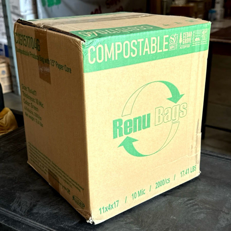 COMPOSTABLE 15x17 GREEN PRODUCE BAGS, 2000/CS  4 ROLLS/CS (1.5" CORE)