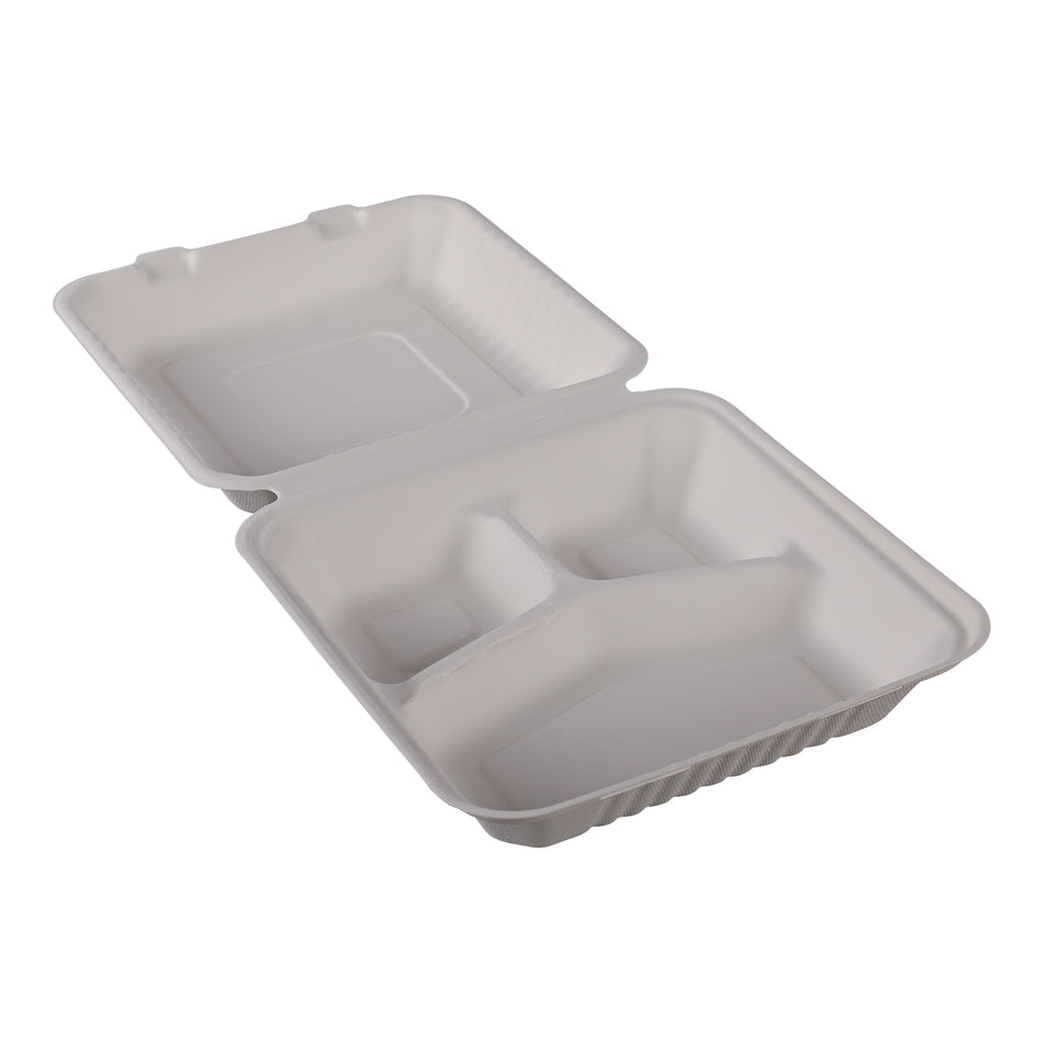 9 x 9 x 3.2 HINGED LID 3 COMPARTMENT CONTAINER Bagasse PFAS-Free Food Containers, Natural White , Molded Deep Fiber, 200/Carton