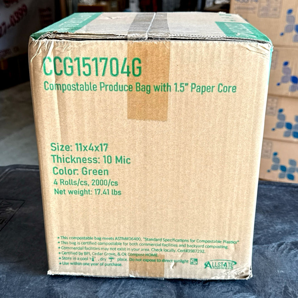 COMPOSTABLE 15x17 GREEN PRODUCE BAGS, 2000/CS  4 ROLLS/CS (1.5" CORE)
