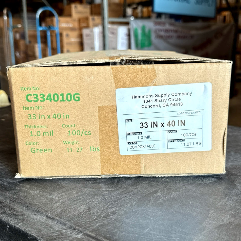 COMPOSTABLE 33x40 1.0 mil GREEN 32gal BAGS 100/CS