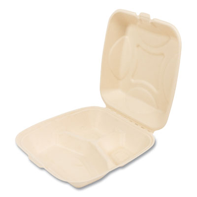 9 x 9 x 3.2 HINGED LID 3 COMPARTMENT CONTAINER Bagasse PFAS-Free Food Containers, Natural White , Molded Deep Fiber, 200/Carton