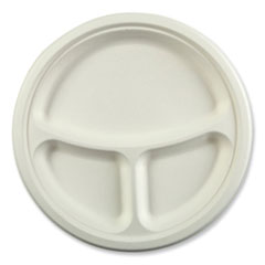 10.24" , 3-Compartment Plate, Bagasse PFAS-Free Dinnerware, Natural White, 500/Carton (CHINET STYLE)